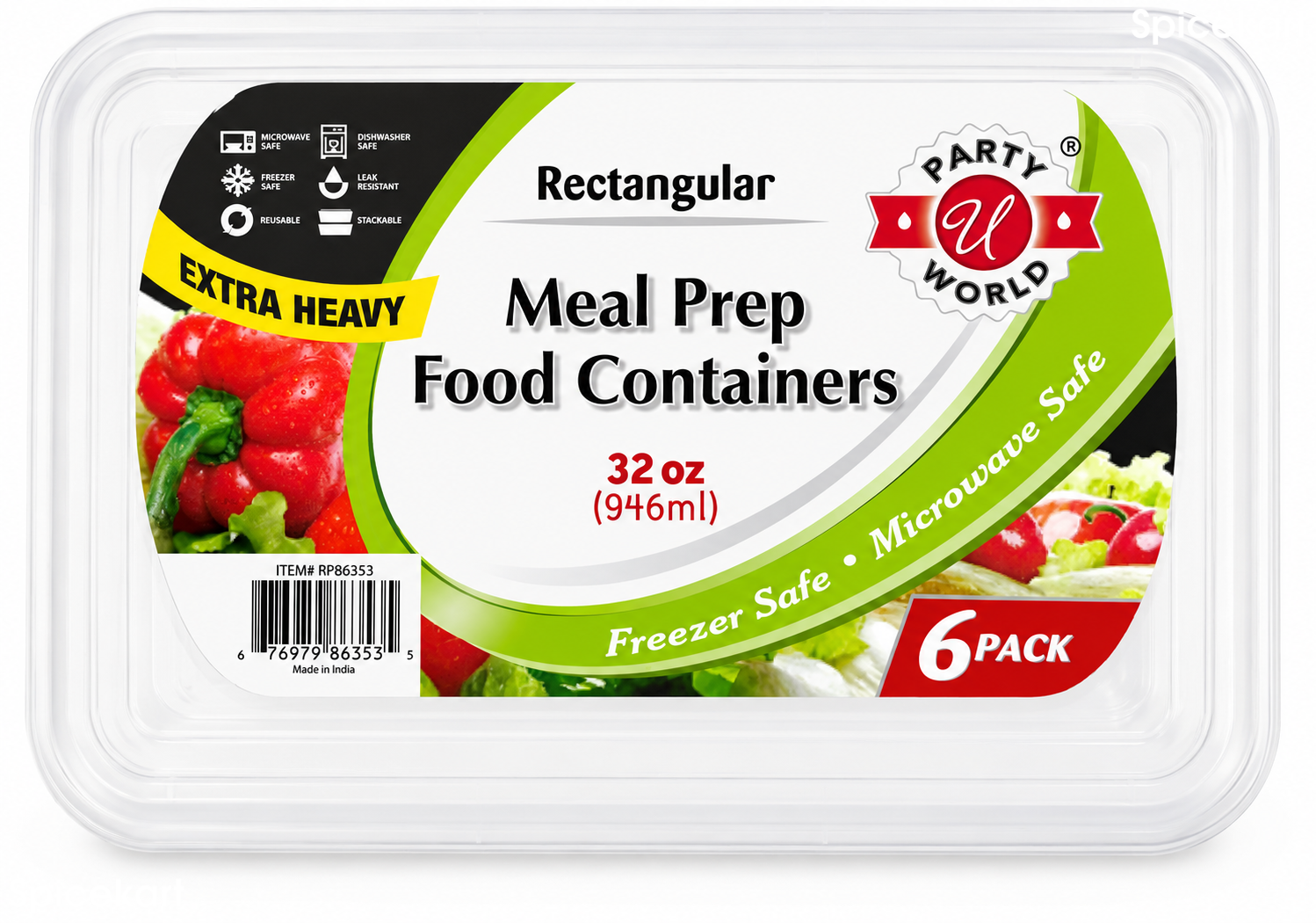 Rectangular Meal Prep Food Containers 6 Pack