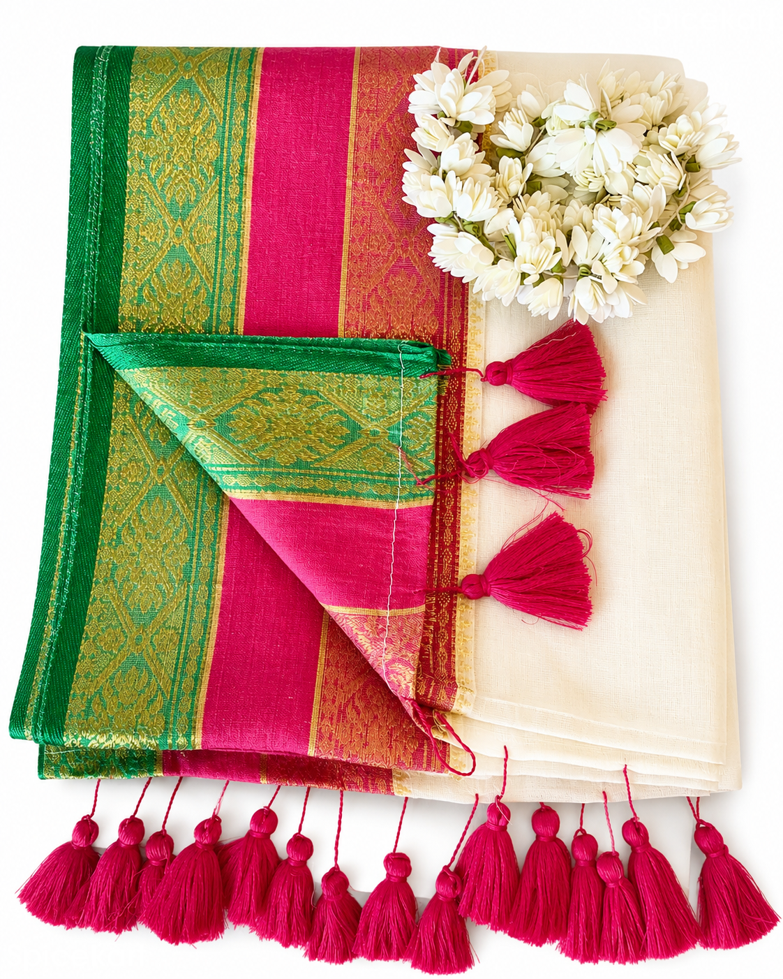 Pink and Green Mul Cotton Saree